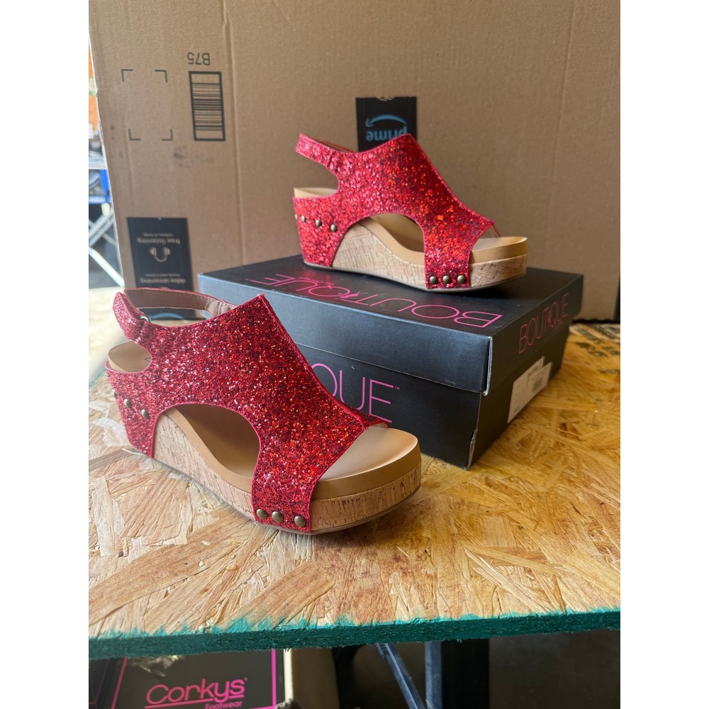 Corkys Carley Red Glitter Wedge Sandals Platform Studded Slingback Womens 8 NEW